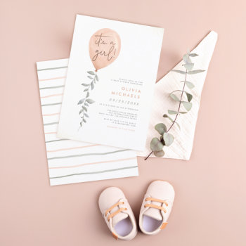 Its A Girl Eucalyptus Greenery Balloon Baby Shower Invitation by Cali_Graphics at Zazzle