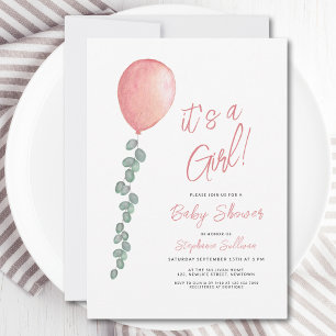 Its A Girl Eucalyptus Greenery Balloon Baby Shower Invitation