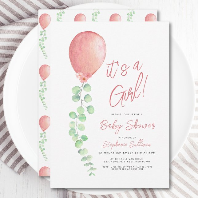 Its A Girl Eucalyptus Greenery Balloon Baby Shower Invitation (Creator Uploaded)