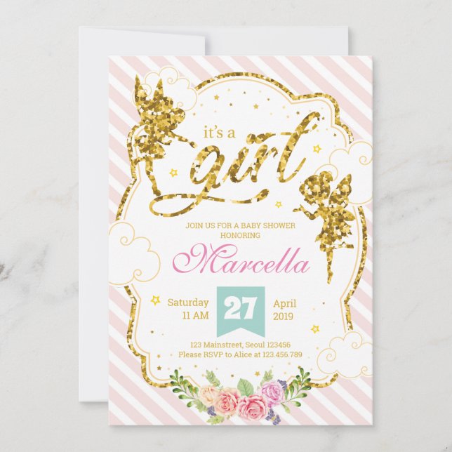 it's a girl fairy glitter announcement (Front)