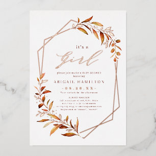 It's a Girl fall Greenery Geometric Baby Shower Foil Invitation