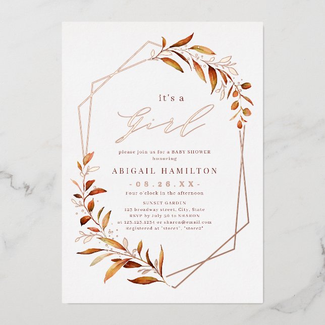 It's a Girl fall Greenery Geometric Baby Shower Foil Invitation (Front)