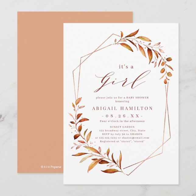 It's a Girl Fall Greenery Geometric Baby Shower Invitation (Front/Back)
