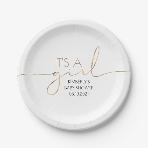 Its A Girl Faux Gold Script Baby Shower Modern Paper Plates