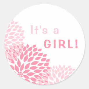 It's a Girl favor sticker, pink dahlia blooms Classic Round Sticker