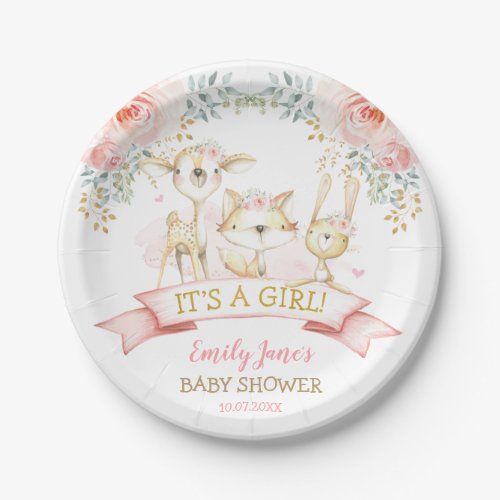 Its a Girl  Feminine Blush Floral Woodland Baby Paper Plates