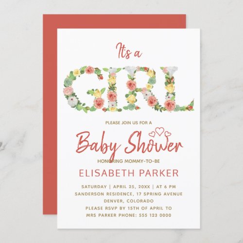 Its a GIRL floral alphabet script baby shower Invitation