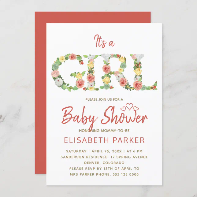 It's a GIRL floral alphabet script baby shower Invitation Zazzle