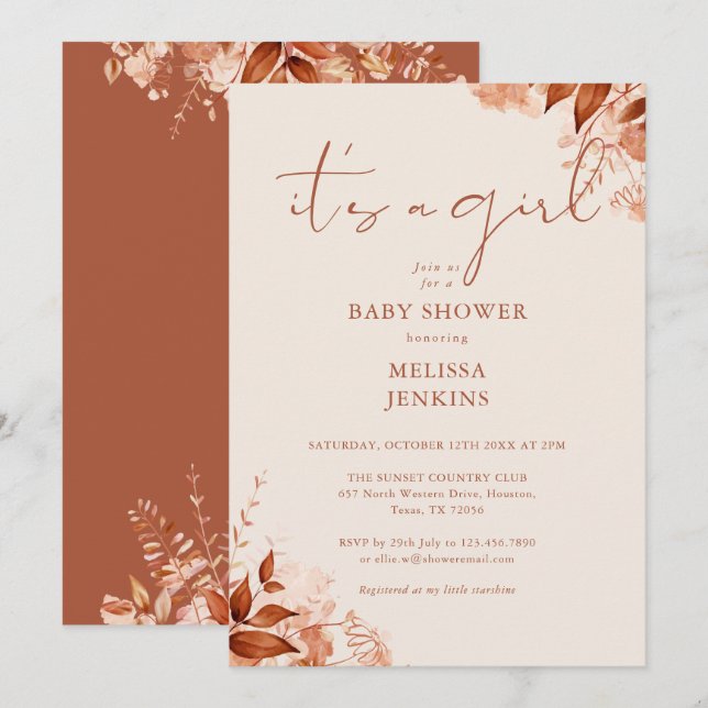 Its A Girl Floral Autumn Fall Baby Shower Invitation (Front/Back)