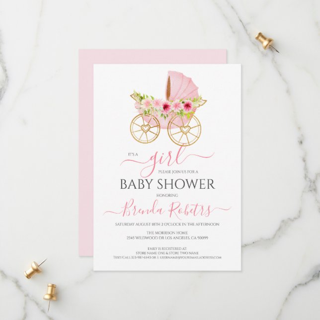 It's a girl floral baby crib save the date (Front/Back In Situ)