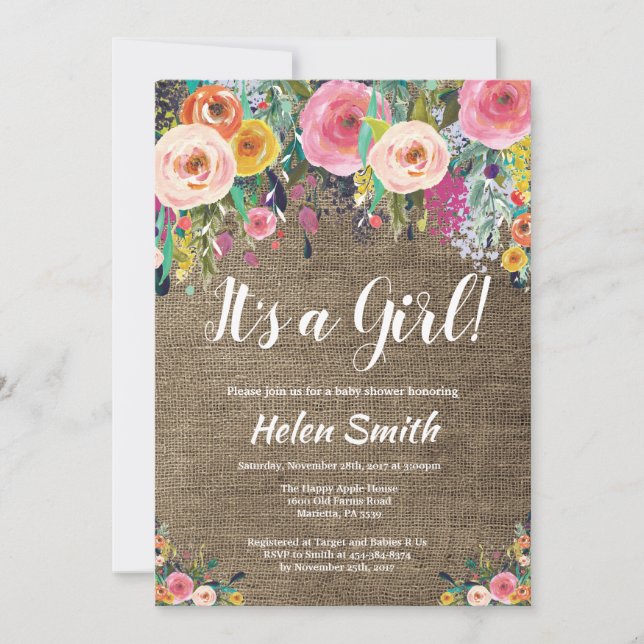 It's A Girl Floral Baby Shower Invitation Burlap (Front)