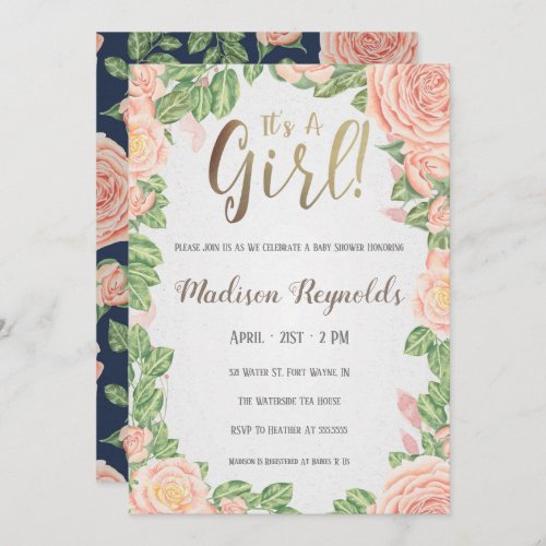 Its A Girl Floral Baby Shower Invitation Dark