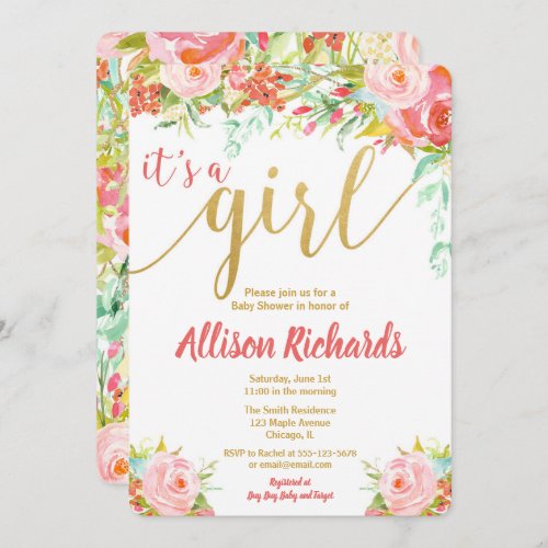 Its a girl floral baby shower invitations