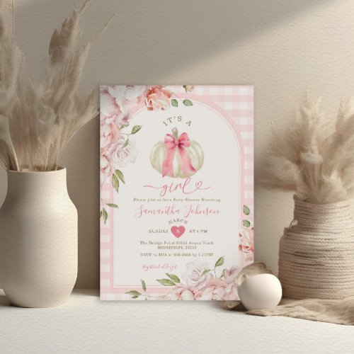 Its A Girl Floral Blush Pink Gingham Baby Shower Invitation