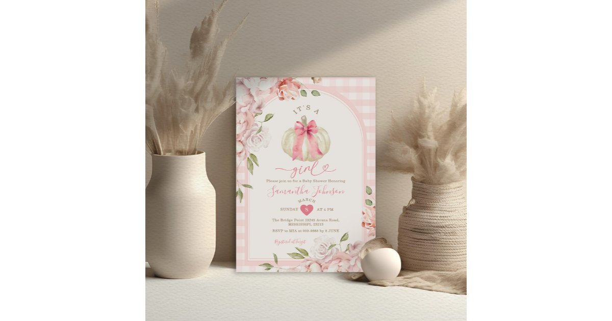 It's A Girl Floral Blush Pink Gingham Baby Shower Invitation | Zazzle