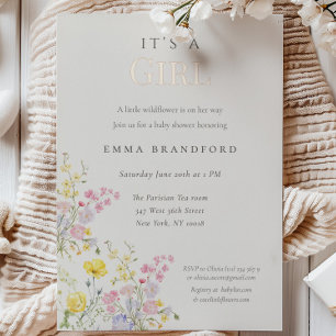 It's a Girl Floral Boho little wildflowers Baby Foil Invitation