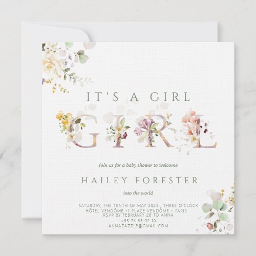 Its a Girl Floral Botanical Baby Shower Invite