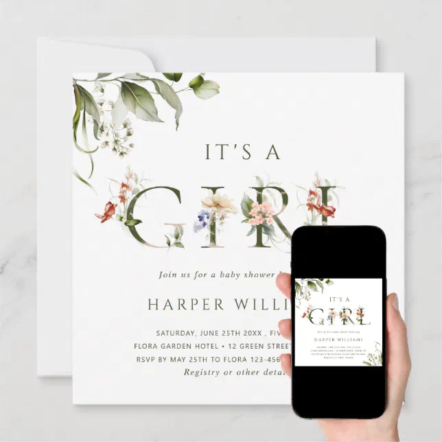 It's a Girl Floral Botanical Letter Baby Shower Invitation Zazzle