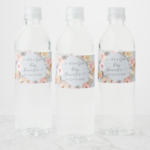 Its a Girl Floral Dusty Blue Butterfly Baby Shower Water Bottle Label