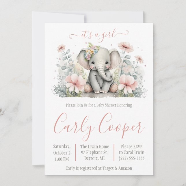 It's a Girl!  Floral Elephant Baby Shower  Invitation (Front)
