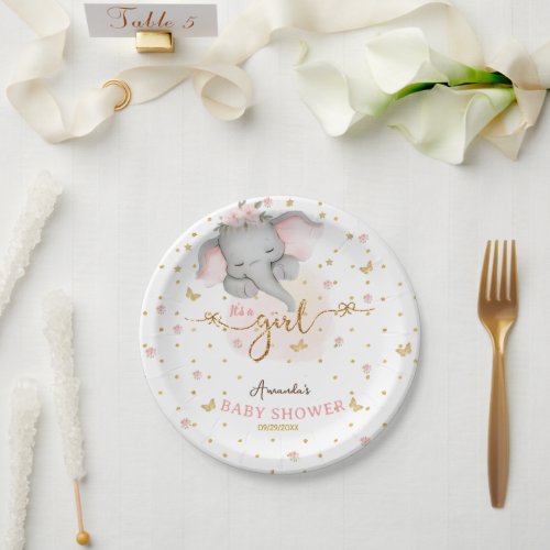 Its a girl Floral Elephant Cute Baby Shower  Paper Plates