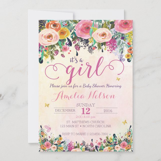 It's A Girl Floral Garden Baby Shower Invitation (Front)