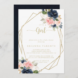 It's A Girl Floral Gold Geometric Baby Shower   Invitation