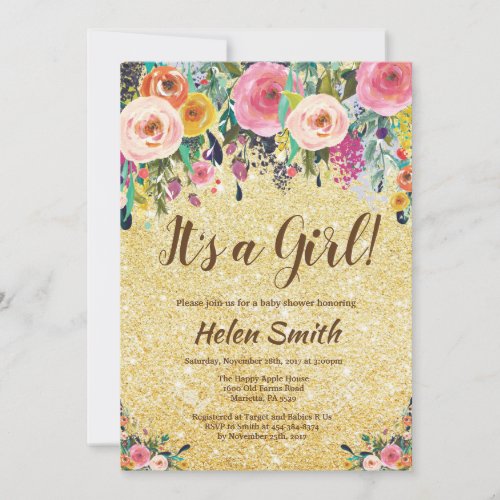 Its A Girl Floral Gold Glitter Baby Shower Invitation