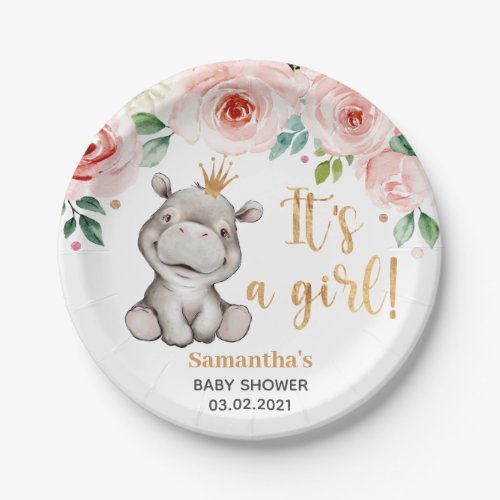 Its a Girl Floral Hippo Baby Shower Paper Plate
