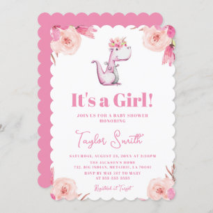 It's a Girl Floral Pink Cute Dinosaur Baby Shower Invitation