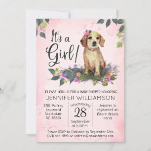 It's a Girl! Floral Puppy Watercolor Baby Shower Invitation