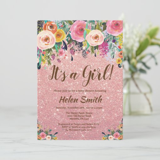 It's A Girl Floral Rose Gold Glitter Baby Shower Invitation Zazzle