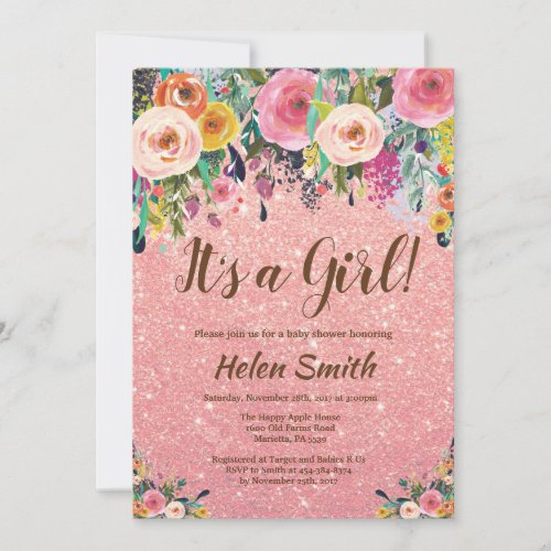 Its A Girl Floral Rose Gold Glitter Baby Shower Invitation