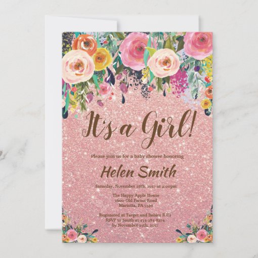 It's A Girl Floral Rose Gold Glitter Baby Shower Invitation Zazzle