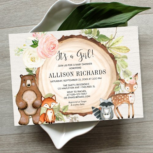 Its a girl floral rustic woodland baby shower invitation