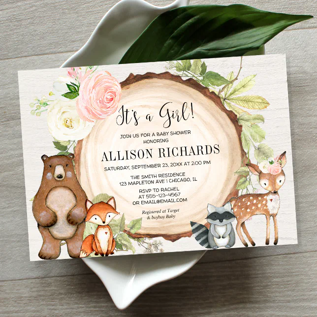 It's a girl floral rustic woodland baby shower invitation | Zazzle