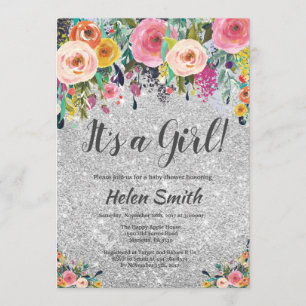 It's A Girl Floral Silver Glitter Baby Shower Invitation
