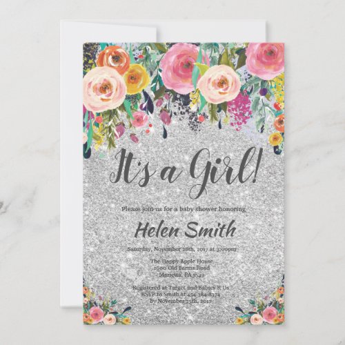 Its A Girl Floral Silver Glitter Baby Shower Invitation