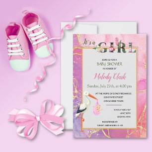 It's A Girl Floral Stork Baby Shower Invitation