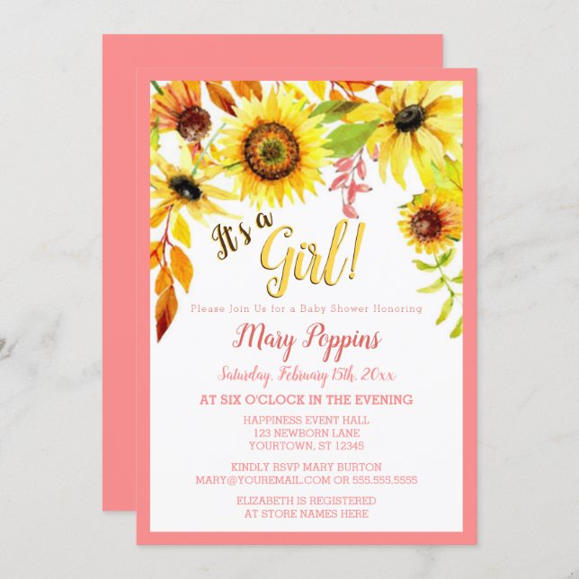 It's a Girl Floral Sunflower Garden Baby Shower Invitation (Front/Back)