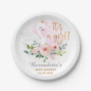 It's a Girl! Floral Swan Baby Shower Paper Plate