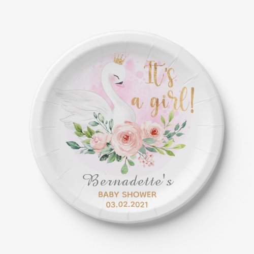 Its a Girl Floral Swan Baby Shower Paper Plate