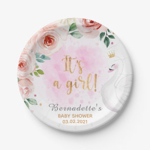 It's a Girl! Floral Swan Princess Baby Shower Paper Plates