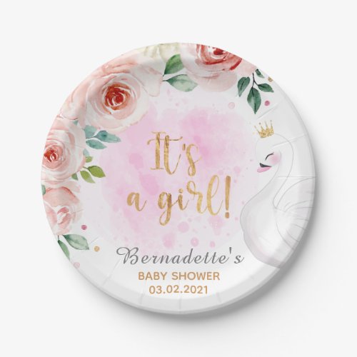 Its a Girl Floral Swan Princess Baby Shower Paper Plates