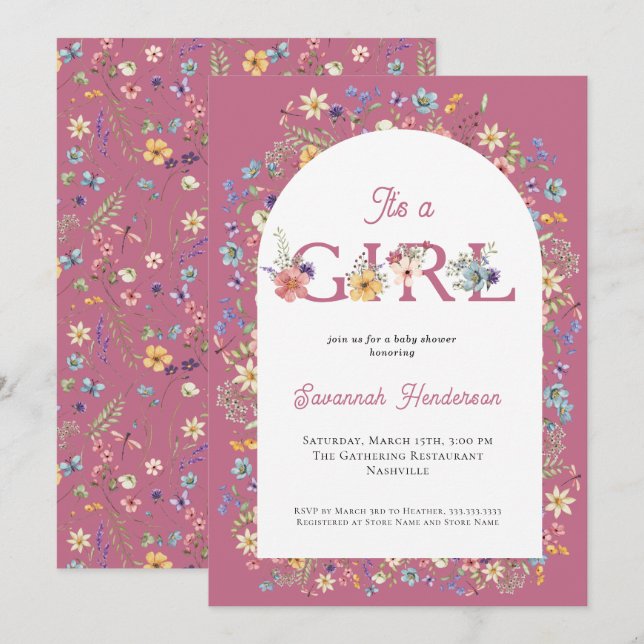 It's a Girl Floral Wildflower Pink Baby Shower Invitation (Front/Back)