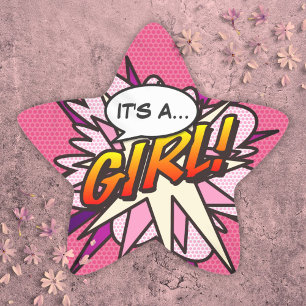 Its A Girl Fun Comic Book Baby Shower Pink Star Sticker