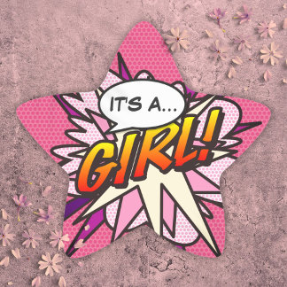 Its A Girl Fun Comic Book Baby Shower Pink Star Sticker