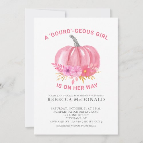 Its a Girl Fun Pun Pink Pumpkin Baby Girl Shower Invitation