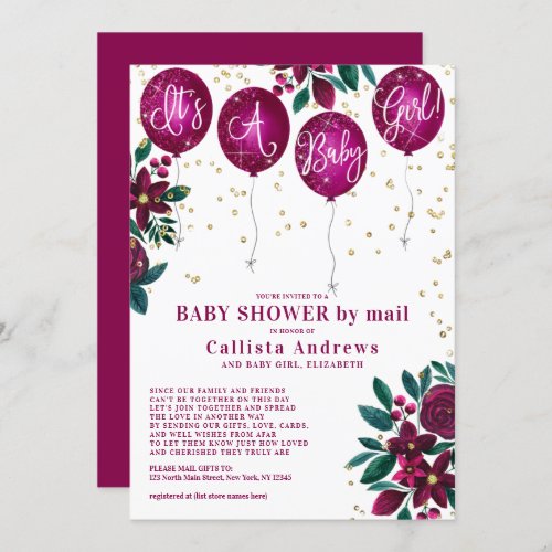 Its a Girl Glitter Balloons Floral Baby Shower Invitation