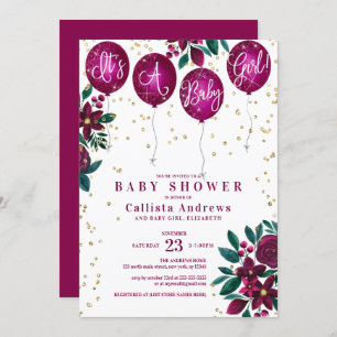 It's a Girl Glitter Balloons Floral Baby Shower Invitation